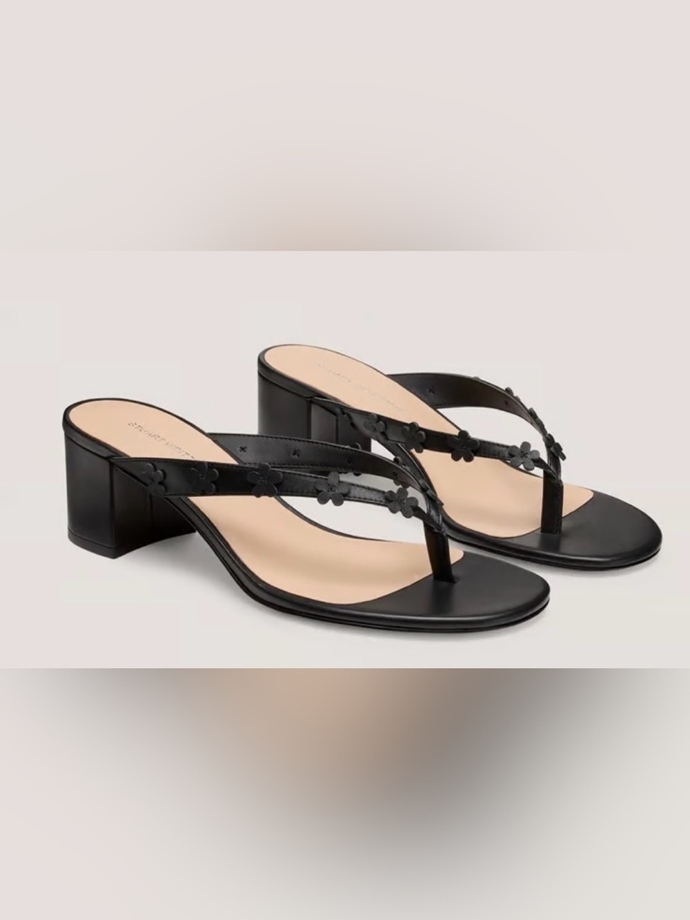 STUART WEITZMAN NWT, Black LEATHER block heel sandal 9-1/2 flower 🌺 pretty!